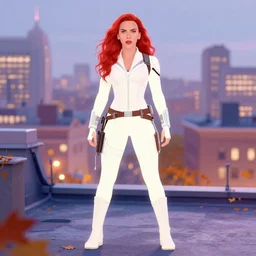 phil noto, pretty scarlett johansson black widow, symmetrical eyes, long red hair, full body, city rooftop by agnes cecile, very luminous design, pastel colours, ink drips, autumn lights