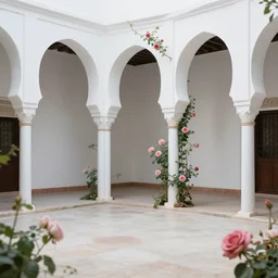 surrealist andalusian patio with white tall arches, beautiful roses flowers and ropes on the walls, fountain inside, sunny vivid light, colorful composition, photographic details wide lens, intricate details