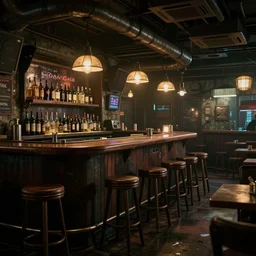 gritty cyberpunk bar with no people in it. hyperrealism photorealistic photography hyper real resolution cinematic, Beautiful, Vray, Octane Render