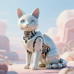 a modern cybernetic cat in stile of horizon zero dawn, made from porcelain and steel, insane reflexions, pastel colored, daylight, peaceful, 8 k, ambient occlusion, octane render