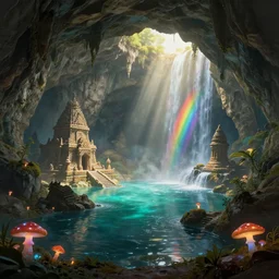 vast cave system lit by sunbeams. underground lake. ruined temple. rainbow, waterfalls. glowing mushrooms. digital matte painting