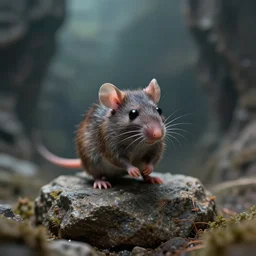 5 5 mm macro photo of a little futuristic alien rat on rock just over deep abyss. dof. bokeh. by artgerm and luis royo. highly detailed 8 k. intricate. lifelike. realistic sony a 7 r iv. soft light. cinematic processing