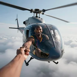 selfie of kobe bryant in a helicopter, smoke around him, 8k resolution, amazing detail, shot in the air