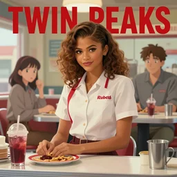 Twin Peaks poster artwork by Michael Whelan and Tomer Hanuka, Karol Bak, Rendering of Zendaya working at the local diner, wearing rr diner uniform, from scene from Twin Peaks, full of details, by Makoto Shinkai and thomas kinkade, Matte painting, trending on artstation and unreal engine