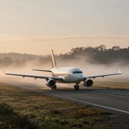 single airplane on runway at sunrise, mist. painting by caspar david friedrich.