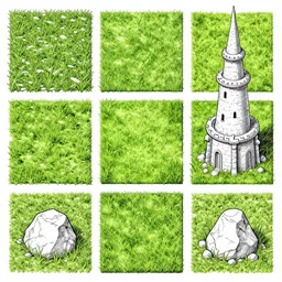 grass, ground, rock, wizard's tower, 3 x 3 grid of individual tiles from tileset, lineart
