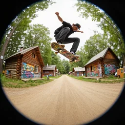 a detailed beautiful matte painting of a skateboarder, kick flip, pilgrim village setting, log homes, dirt road, trees by Mikko Lagerstedt and Raphael Lacoste, graffiti throughout by Fintan Magee, fisheye lens,