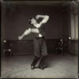 a smudged, scratched, grainy and blurry photograph showing the whole body of a man dynamically and frenetically dancing in a dark room twisting his body, edwardian photograph, taken with soviet flash camera at slow shutter speed