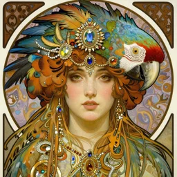 realistic detailed face portrait of an otherworldly fairy tale Parrot Goddess with colorful feathers and jewels in her hair by Alphonse Mucha, Ayami Kojima, Amano, Charlie Bowater, Karol Bak, Greg Hildebrandt, Jean Delville, and Mark Brooks, Art Nouveau, Neo-Gothic, gothic, rich deep moody colors