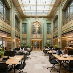 university coworking space, art deco, architectural photography, hd, 4 k / 8 k