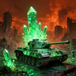 glowing green alien crystals, polished green quartz surface irradiating radioactive zombie infested city, t - 9 0 tank, dark apocalyptic orange and red wasteland, beksinski