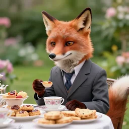 film still from the movie chappie outdoor park plants garden scene bokeh depth of field sitting down at a table having a delicious grand victorian tea party crumpets close up masterpiece portrait of a furry anthro anthropomorphic stylized fox wearing suit