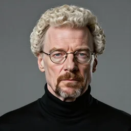 Walter White in a black turtleneck and a andy warhol wig, realistic, hyperrealistic, highly detailed, very detailed, 8k resolution, real life, HD quality, dramatic, studio quality lighting, digital art, trending on artstation
