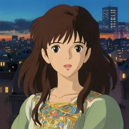 lofi girl, twilight city backdrop, art by studio ghibli and ilya kuvshinov, portrait, intricate, highly detailed, digital painting, trending on pixiv fanbox, trending on artstation, concept art, sharp focus, illustration art by artgerm and greg rutkowski and alphonse mucha
