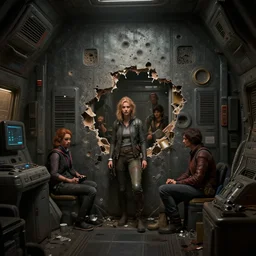 epic professional digital art interior view of dim, cramped, cluttered, claustrophobic spaceship deck wall torn by micrometeorite, detailed, leesha hannigan, wayne haag, reyna rochin, ignacio fernandez rios, best on artstation, cgsociety, stunning, much wow, cinematic