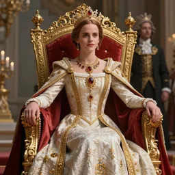 regal Emma Watson sitting on queens throne royalty wearing royal mantle gold jewelry by moebius and atey ghailan by james gurney by vermeer by George Stubbs unreal engine raytracing cgsociety blender