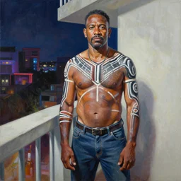 palette knife oil painting portrait of eddie dreamtime, an athletic middle - aged man in hipster clothes and australian aboriginal body paint, concrete balcony, nightclub, artstation trending, artgerm, any racial background, deviant art, hipster, octane, substance, art history 8 k
