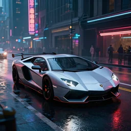 Photo of Futuristic Lamborghini supercar on wet city streets by craig mullins and James Gurney, hyperdetailed, dramatic camera angle, octane render 8k,cyberpunk, neon, photorealistic