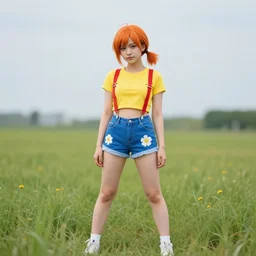 misty from pokemon, her orange hair in a side ponytail, wearing a yellow shiort sleeved crop top and blue daisy duke shorts with red suspenders on top, standing in a field, by gottfried helnwein, dslr full body portrait, sigma 8 5 mm f 1. 8