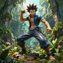 a huge, detailed sculpture of a hunter x hunter character, found in a lost jungle city dynamic light, 16k hd megascan materials, photorealistic foliage