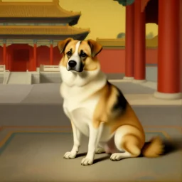 A dog sitting in an asian palace, painting by Gaston Bussiere, Craig Mullins