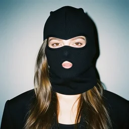 realistic! photoshoot for a new balenciaga lookbook, color film photography, portrait of a beautiful woman wearing a balaclava mask, photo in style of tyler mitchell, 35mm lens