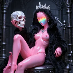 photo of baroque and bladerunner delicate neon ruby sculpture of seductive ceramic albino king xavier serrano delicious pink iridescent humanoid deity wearing black fluffy hoody holding diamond skull in a black metallic dungeon, reclining, glowing rainbow face, crown of white diamonds, cinematic lighting, photorealistic, octane render 8 k depth of field 3 d