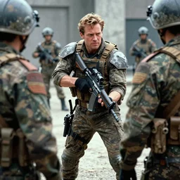 michael biehn sneaking past soldiers, metal gear 2, 1 9 9 0, movie still