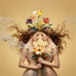 a wide portrait of a beautiful couple holding a flower, torso up, with porcellaine skin, soft lighting, golden background, flowy hair that mix with a flowy intricate transparent cloth that merges into paint, thick paint splashes, beautiful abstract flower arrangement, harmonic palette