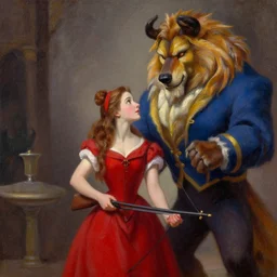 beauty and the beast  , girl with a red clothe and a crossbow near from a wolf beast, arstation, oil painting, detail