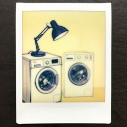 sketch of a desk lamp next to a washing machine on yellow paper, late 9 0's polaroid