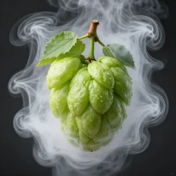 a hop fruit surrounded by white smoke by karl gerstner. masterpiece. hq. centered. in - frame