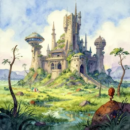 futuristic scifi castle in a lush quagmire. watercolor by award - winning tanzanian comic artist, depth of field, vibrant colors.