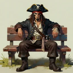 a digital painting of a menacing pirate sitting on a bench with a unique design