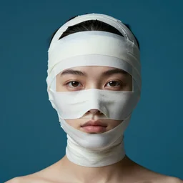 a beautiful studio portrait of a head completely wrapped in duct tape except for the hair. against a dark cyan backdrop.