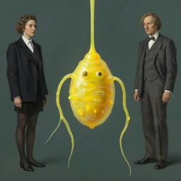 human amoeba by magali villeneuve and gerald brom and norman rockwell and gil elvgren, opaque yellow liquid, floating, tendrils, ooze, hyperrealism, surrealism