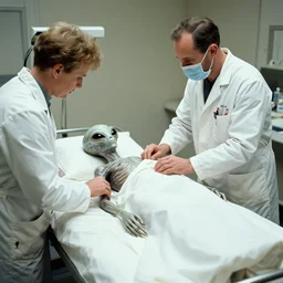 1960s photographic evidence of alien autopsy, doctors examining alien body partially covered by sheets