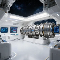 interior of engineering section on a starship,, star - field and planet in the background, engine room, digital art, highly detailed, sleek, white, trending on artstation, octane render sci - fi