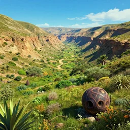 a vast desert valley lush with vegatation in the style of salvador dali with an ominous object in the foreground, raytracing, 8 k, octane render, volumetric, vivid, beautiful, hyperrealism