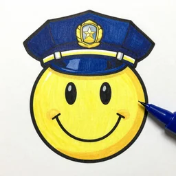 magic marker colour drawing of a rave smiley face wearing a police hat