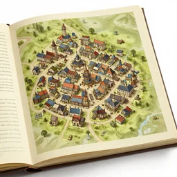 detailed map of a small steampunk town, in a book