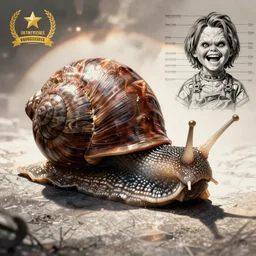 giant snail with screaming chucky doll head anatomical drawing reference sheet