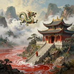 a gorgeous landscape painting by barlowe wayne, maxfield parrish and marco mazzoni. chinese temple. a lonely chinese monk walks on the winding stone steps, chinese dragonstone is flying through the clouds and mist among the mountains, 3 d, octane render, turbulent blood lake, 8 k.