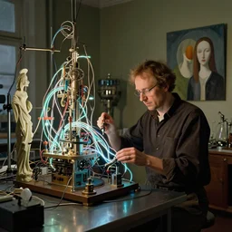 the inventor in his laboratory with contraption, oceanian statues, cyberpunk, bioluminescent cables. lamp light. henri de toulouse - lautrec, jan van eyck, rene magritte, max ernst, walton ford, agnes pelton