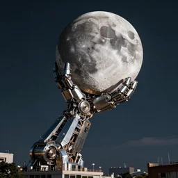 Humanity has built a giant metallic robot arm the size of a skyscraper to grab the moon