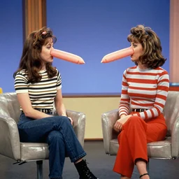1982 twin women on tv talk show wearing an inflatable  long prosthetic snout nose soft color, studio lighting, sitting on vinyl chairs, wearing stripes 1982 color film archival footage 16mm John Waters Russ Meyer Almodovar Doris Wishman