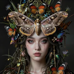 realistic detailed face portrait of the beautiful and young death's head hawk moth queen with an intricate headdress of butterflies and bugs, plants and flowers, art by ernst haeckel, john william godward, gothic, neo - gothic, ornamental, beautiful deep colours,
