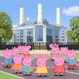 peppa pig creating a human barrier around the headquarters of an energy company in london to prevent people of influence from accessing the building