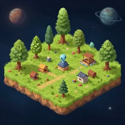 close up isometric view of a small colony, on an alien grassland, on an alien planet, from a space themed point and click 2 d graphic adventure game, set design inspired by marco bittner rosser, art inspired by thomas kinkade