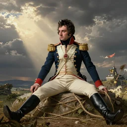 photo, napoleon bonaparte sits on twine with his legs widely spread